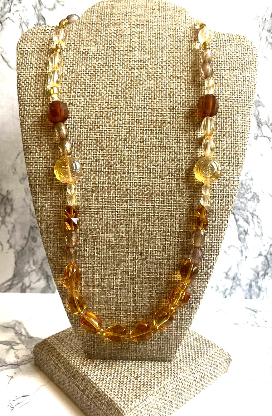 Faux Amber & Smoky Quartz Clear Acrylic Bead Necklace AB Accents 18"